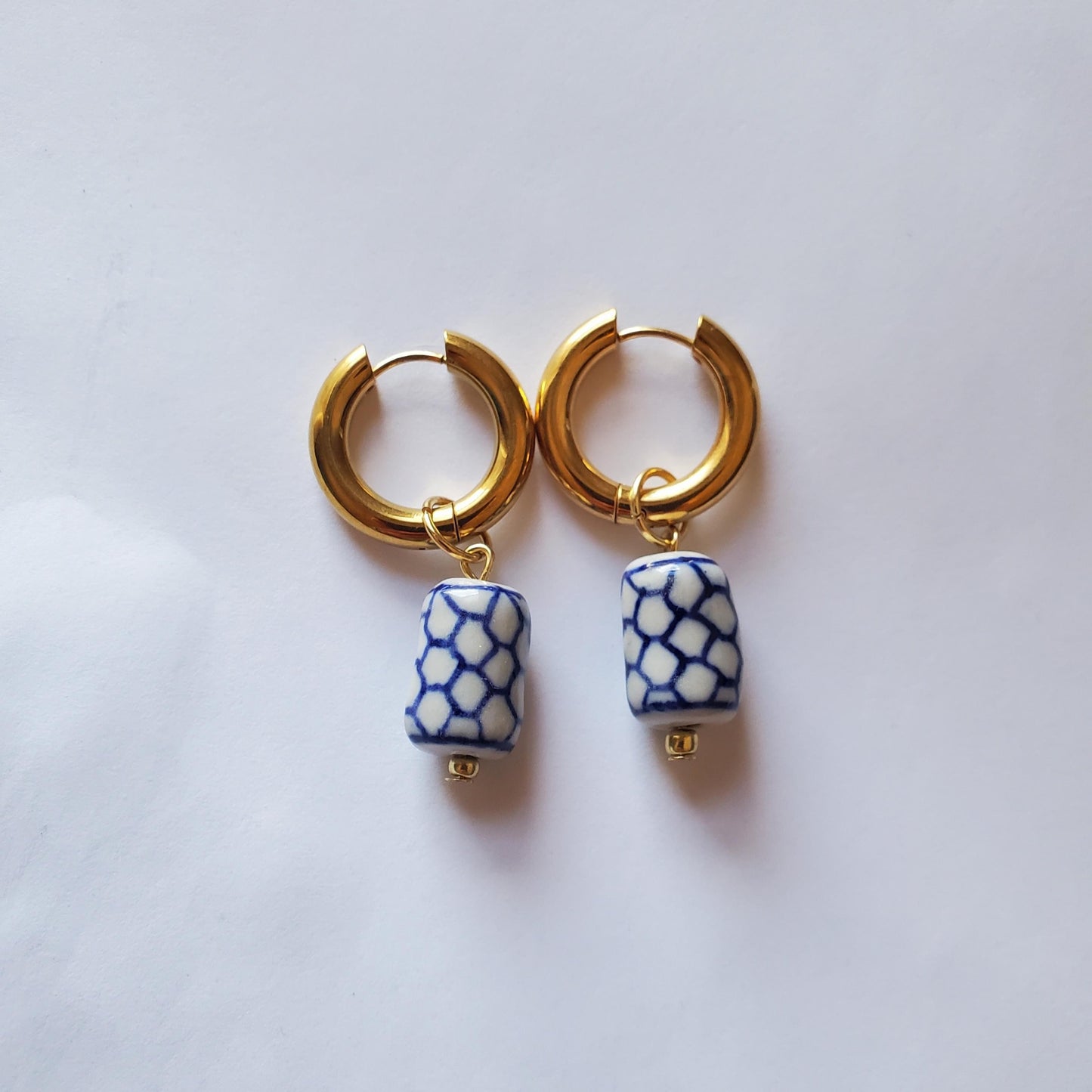 Blue & White Ceramic Hoop Earrings – Timeless Elegance