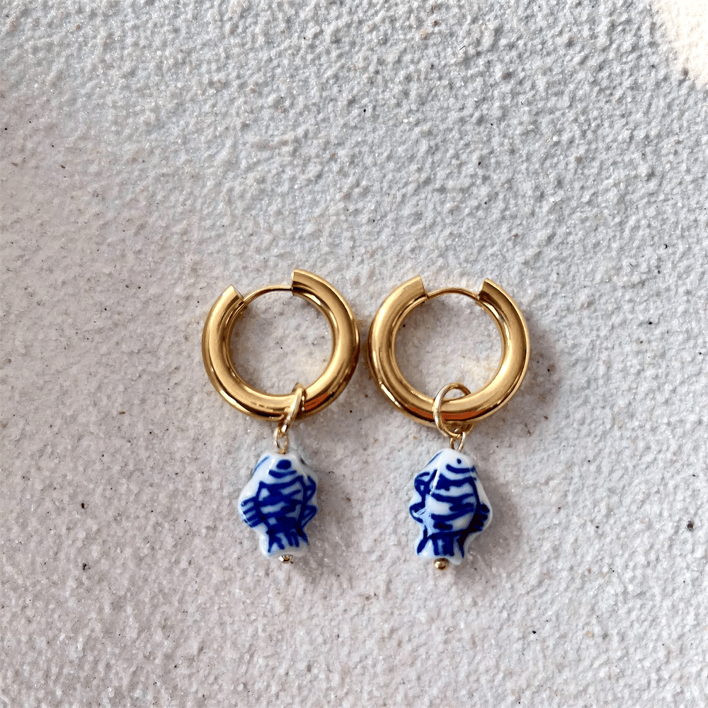 Blue & White Ceramic Hoop Earrings – Timeless Elegance