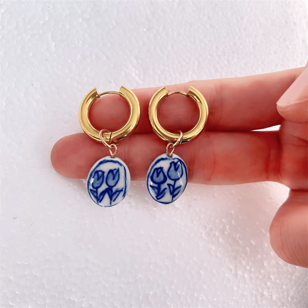 Blue & White Ceramic Hoop Earrings – Timeless Elegance