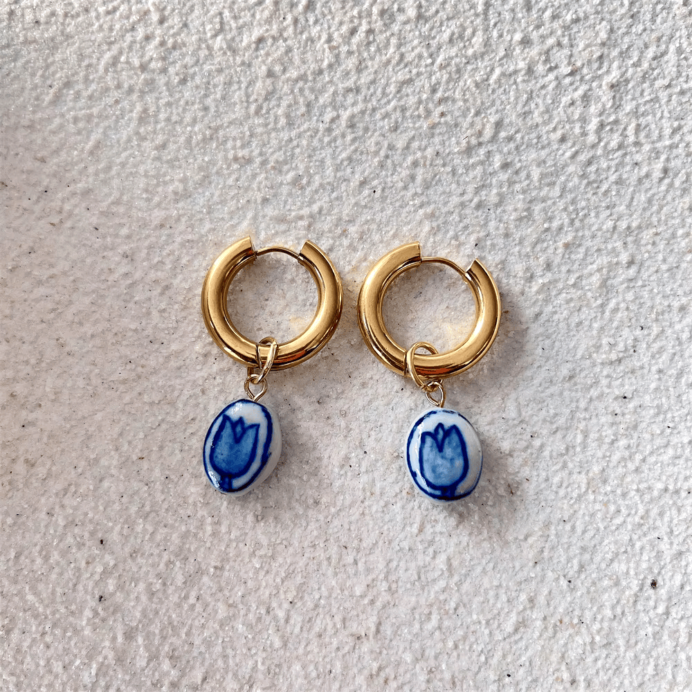 Blue & White Ceramic Hoop Earrings – Timeless Elegance