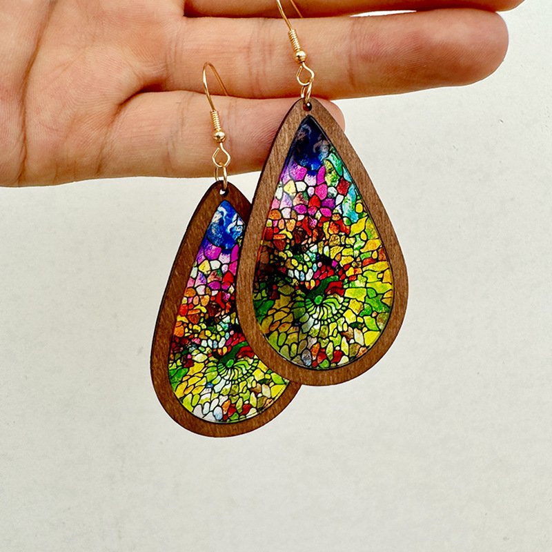 Stained Glass-Inspired Teardrop Wooden Earrings