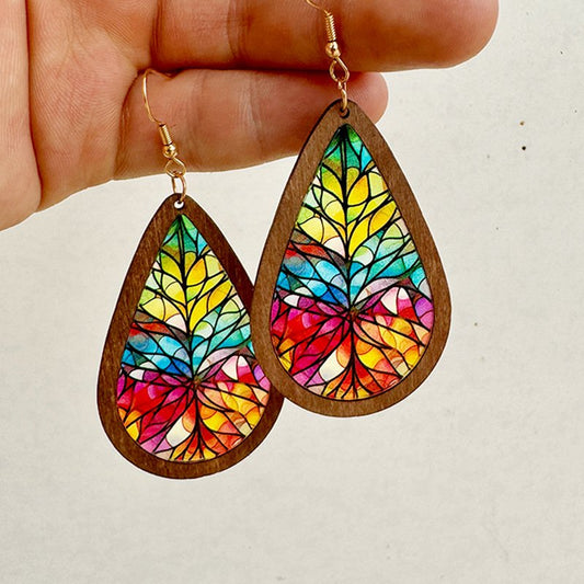 Stained Glass-Inspired Teardrop Wooden Earrings