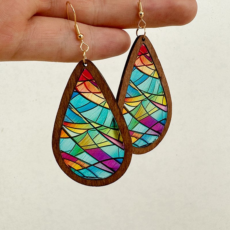 Stained Glass-Inspired Teardrop Wooden Earrings