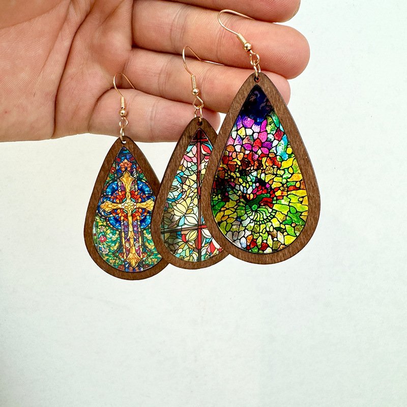 Stained Glass-Inspired Teardrop Wooden Earrings