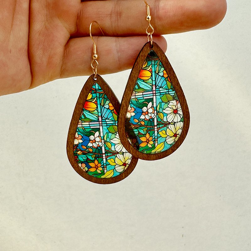 Stained Glass-Inspired Teardrop Wooden Earrings