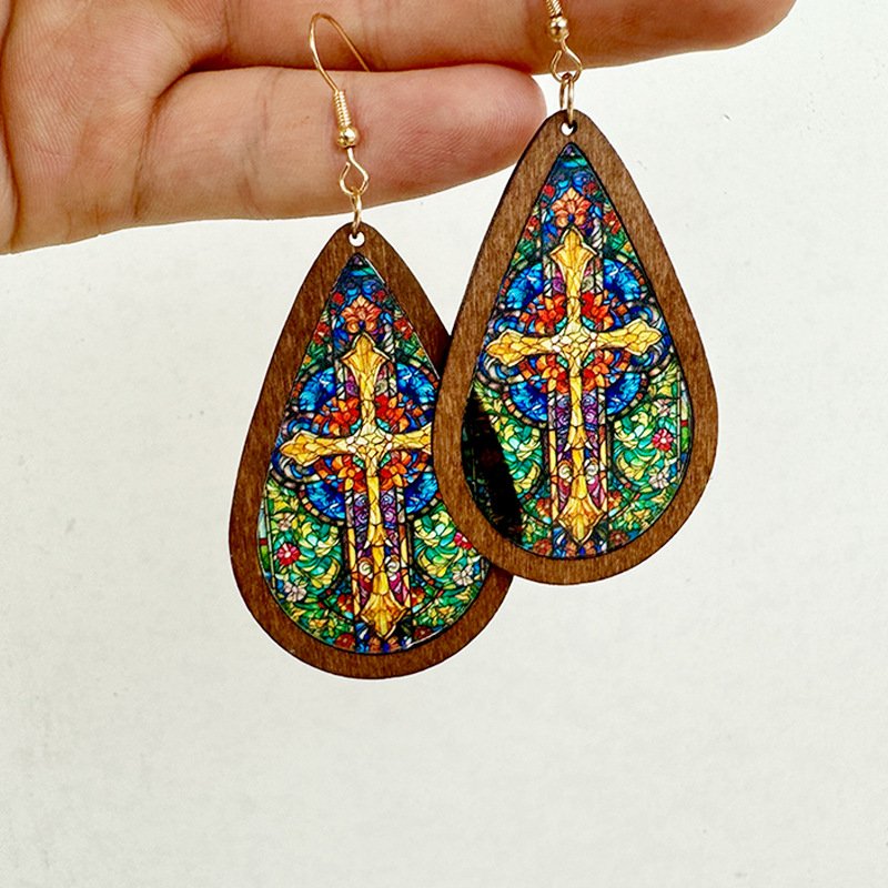 Stained Glass-Inspired Teardrop Wooden Earrings