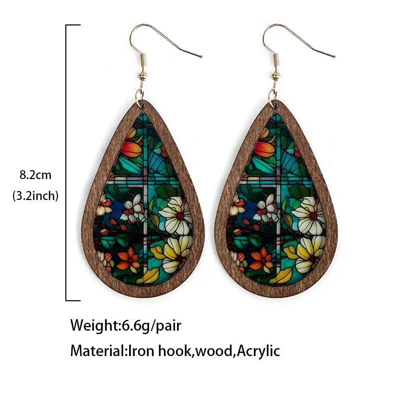 Stained Glass-Inspired Teardrop Wooden Earrings