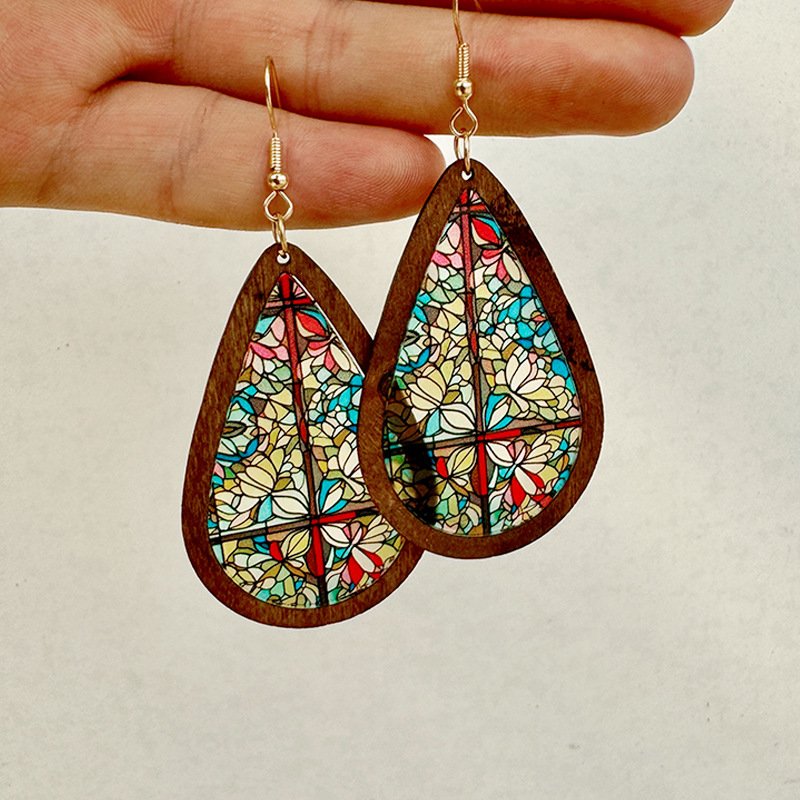 Stained Glass-Inspired Teardrop Wooden Earrings