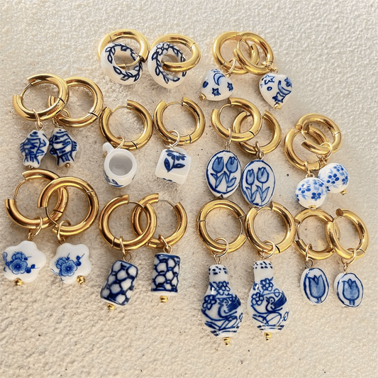 Blue & White Ceramic Hoop Earrings – Timeless Elegance