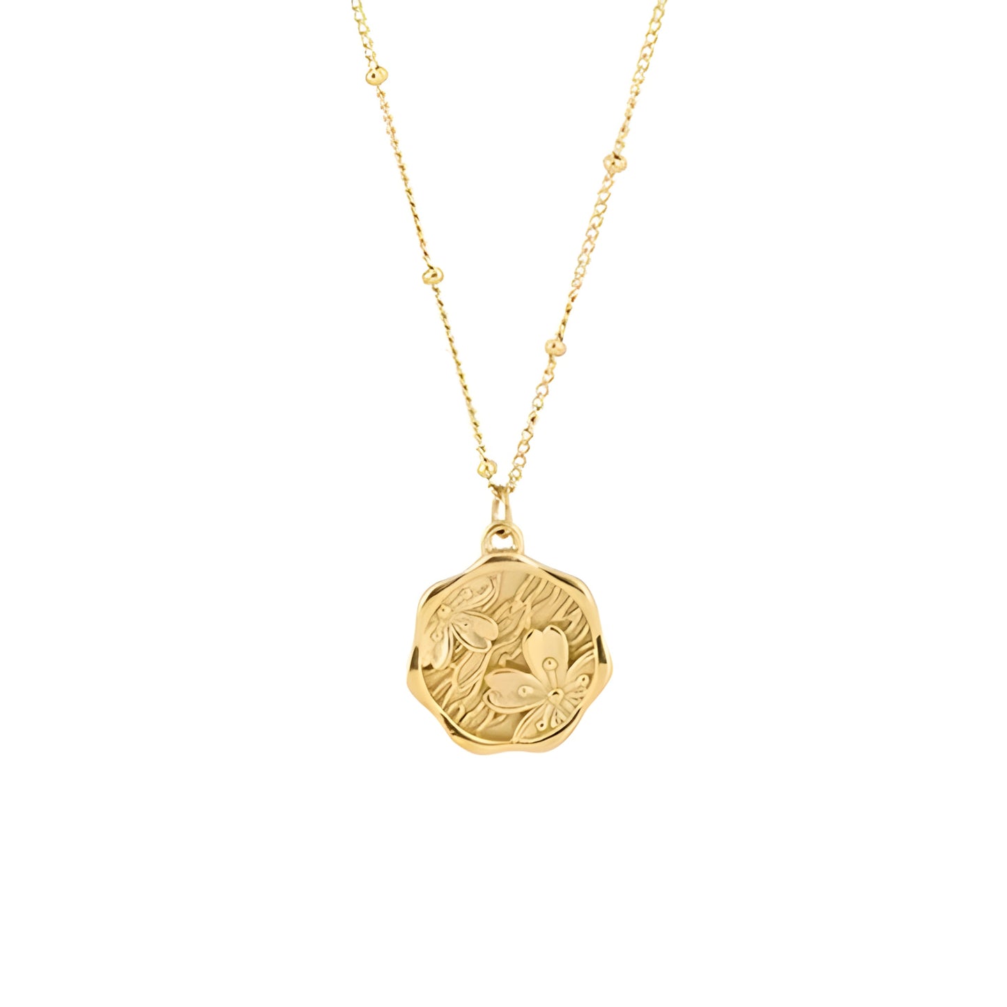 Gold Plated Stamped Floral Pendant Necklace - Stainless Steel