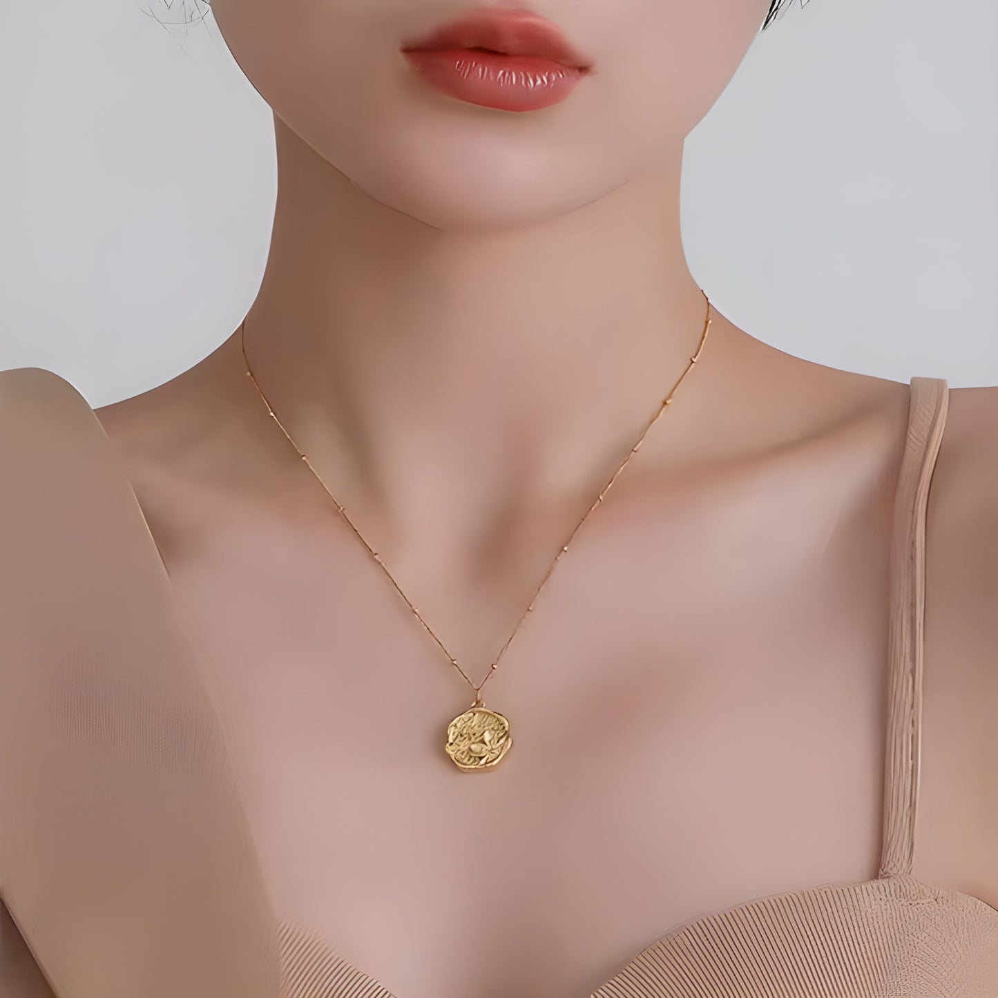 Gold Plated Stamped Floral Pendant Necklace - Stainless Steel