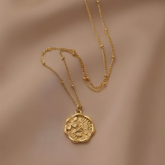 Gold Plated Stamped Floral Pendant Necklace - Stainless Steel